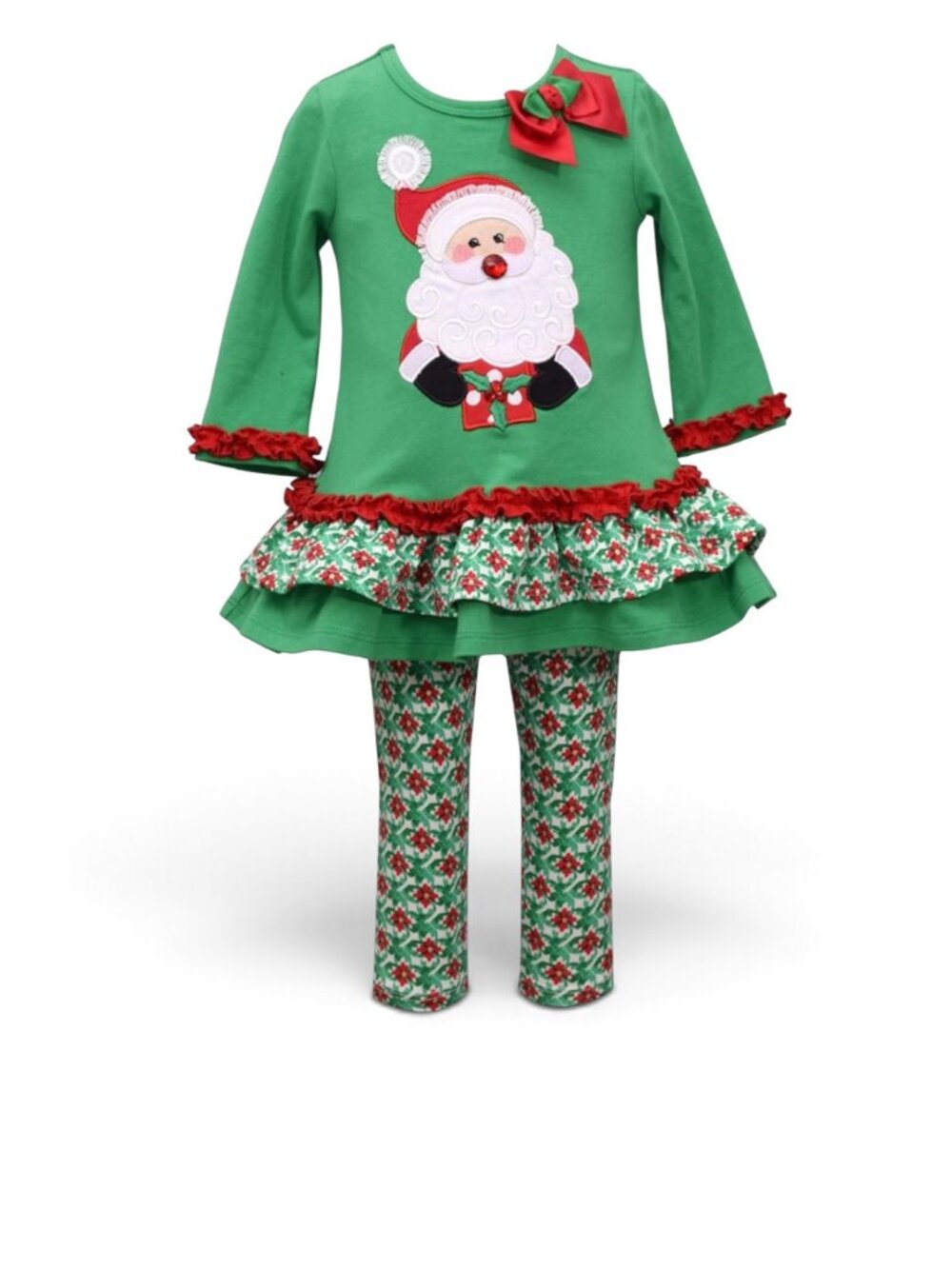 NWT Girls Christmas Santa Outfit Green Ruffle Tunic Top & Floral Leggings Set